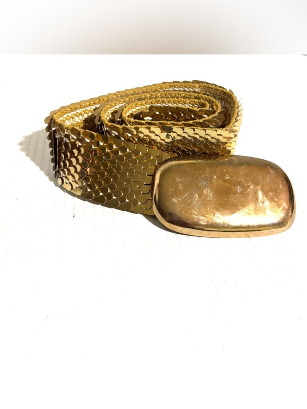 Bill  brass vintage Gold Sequin Stretch Belt with Polished Oval Buckle
